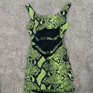 Green snake skin dress.